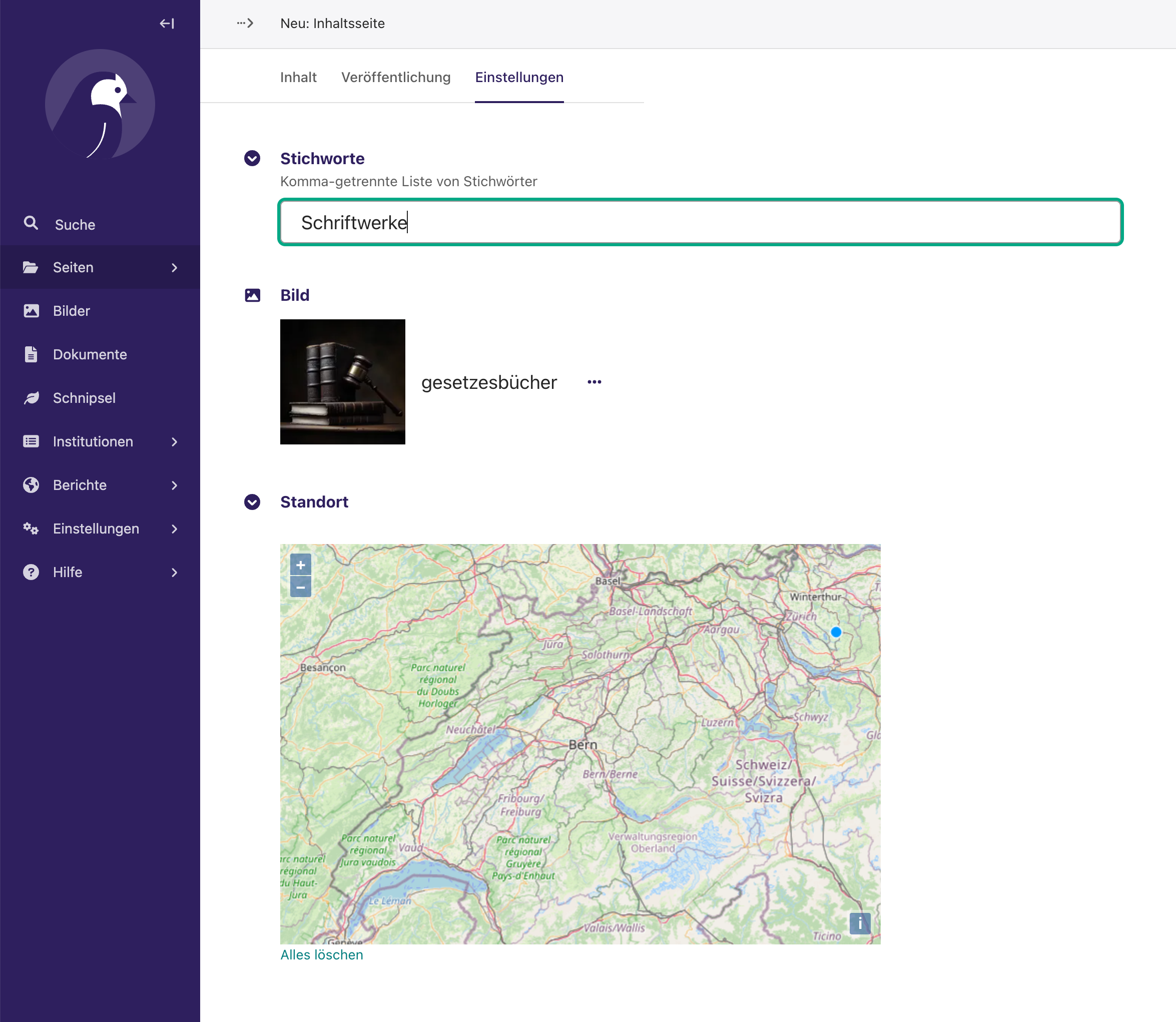 Mots-clés des pages de contenu dans le CMS